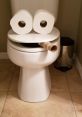 Toilet decorated with toilet paper rolls as eyes and a cardboard tube as a mouth, creating a playful Skibidi style.