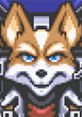 Fox McCloud, the iconic pilot from Star Fox, features a fierce expression and striking blue eyes in pixel art style.