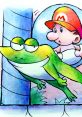 Frog Pirate character from Yoshi's Island interacts with a young Mario in a colorful, whimsical setting.