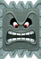 Thwomp character from Mario Kart Wii with an angry expression, known for blocking racers in the game.