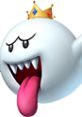 King Boo from Mario Kart: Double Dash, featuring a mischievous expression and a crown, sticking out his tongue playfully.