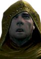 Heimskr from The Elder Scrolls V: Skyrim, wearing a golden hood, showcasing his passionate expression in the game.