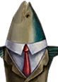 Johnny Elaine character from "Battle for Bikini Bottom" depicted in a suit with a fish head, showcasing unique style and humor.