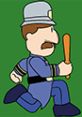 Cartoon police officer from Keystone Kapers, chasing a suspect with a baton on a vibrant green background.