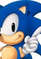 Sonic the Hedgehog, iconic blue character, smiles and points, showcasing his energetic personality in gaming culture.