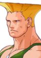 Guile from Street Fighter EX with iconic blonde spiky hair and intense expression, showcasing his distinctive look.