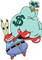 Mr. Krabs joyfully holding a money bag, showcasing his greedy personality from "Battle for Bikini Bottom.