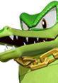 Vector The Crocodile showcasing a fierce expression, featuring bold green scales and a distinctive gold chain collar.