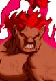 Akuma from X-Men vs. Street Fighter, showcasing fierce expression and iconic red hair with fiery background effects.