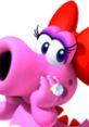 Birdo, the pink dinosaur character from Mario Kart Wii, with a red bow and expressive eyes, showing a playful pose.