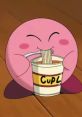 Cute pink character happily enjoying noodles from a cup, showcasing culinary delight and playful vibes. Perfect for food lovers!