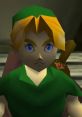 Link from "The Legend of Zelda: Ocarina of Time" in a green tunic, showcasing iconic blue eyes and blonde hair.