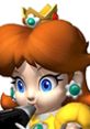 Daisy from Mario Party 4 with her signature crown and vibrant outfit, playfully holding a microphone.