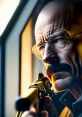 Walter White aiming a gun with an intense, angry expression, capturing his fierce determination in a tense moment.