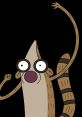 Rigby from "Un show más," excitedly cheering with raised arms against a black background. Iconic cartoon character expression.