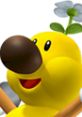 Wiggler from Mario Kart 7 smiling with a flower on its head, showcasing its cheerful personality and bright yellow color.