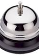 Shiny silver desk bell with a black base, perfect for service calls in offices and reception areas.