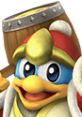 King Dedede from Super Smash Bros. Brawl smiles, holding his iconic hammer, showcasing his vibrant colors and royal attire.