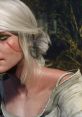 Close-up of Ciri from The Witcher 3, showcasing her striking green eyes and distinctive scar against a blurred forest background.