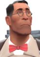 Medic from Team Fortress 2, wearing glasses and a red bow tie, looks thoughtfully upwards, showcasing his signature style.