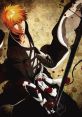 Ichigo Kurosaki in battle stance, wielding his sword; dynamic pose with striking orange hair and a dramatic background.