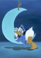 Donald Duck lounging on a crescent moon, showcasing his classic charm and whimsical expression, inspired by Disney.