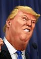 Political caricature of Trump with exaggerated features expressing strong emotions during a speech, highlighting controversy.