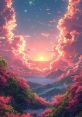 A vibrant sunset over mountains and blooming cherry trees, evoking a magical atmosphere perfect for a Winx game setting.