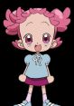 Pop Harukaze with pink curly hair, big expressive eyes, and a cheerful outfit featuring a blue top and pink skirt.