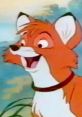 Cheerful Tod from Disney's The Fox and the Hound (1981) smiling amidst a colorful forest backdrop, showcasing his playful nature.