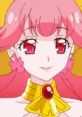 Aries from Star Twinkle Pretty Cure with pink hair, red eyes, and a bright smile, showcasing her vibrant character design.