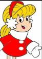 Cheerful Karen from Frosty the Snowman, wearing a red dress and white accents, spreading holiday joy with a smile.