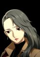 Sae Nijima with long gray hair and a thoughtful expression, dressed in a stylish coat against a dark background.