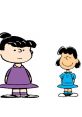 Violet Gray in purple dress and Lucy Van Pelt in blue dress, iconic characters from the Peanuts comic strip.