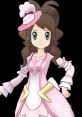 Hilda from Pokémon Masters EX in a stylish pink outfit with a matching hat, showcasing her cheerful character design.