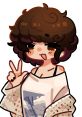 Cute character with curly hair making a peace sign, wearing a cozy oversized sweater, perfect for artsy themes.