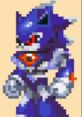 Pixel art character Metallix depicted in a blue and silver armor with striking red eyes and spiky features.