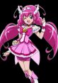 Glitter Lucky Cure character in a pink outfit, smiling joyfully, showcasing her cute costume and charm. Perfect for fans!