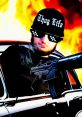 Person in a car wearing a 'Thug Life' hat, holding a gun, with fiery background, representing a bold, edgy persona.