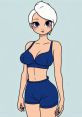 Karina in human form, featuring short white hair and a stylish blue athletic outfit, exudes confidence and charm.