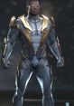 Black Lightning in a sleek blue and gold superhero suit, showcasing power and readiness for action in a dynamic pose.