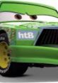 Chick Hicks, the ambitious green race car character, features determined eyes and vibrant branding on a sleek design.