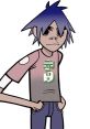 2D character with spiky blue hair stands confidently in a casual t-shirt, representing animated music and style.