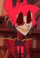 Alastor from Hazbin Hotel, featuring his signature red hair and devious grin in a classic suit and bowtie.