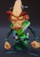 N. Brio character from Crash 4 displays a menacing expression, featuring green attire and mechanical enhancements.