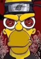 Homer Simpson styled with ninja headband, red eyes, and a dark, intricate background, blending humor and anime themes.