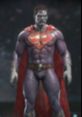 Bizarro stands heroically, showcasing his unique purple and red costume and embodying the reversed Superman character.