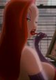 Jessica Rabbit poses alluringly, showcasing her signature red hair and glamorous style in a classic animated scene.