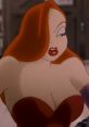 Jessica Rabbit, a sultry animated character, showcasing her iconic red dress and striking red hair in a classic scene.