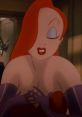 Jessica Rabbit in a seductive pose, wearing a glamorous red dress and purple gloves, embodying classic animated allure.